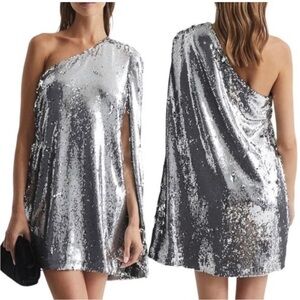 Reiss Eva sequin cape one shoulder mini dress